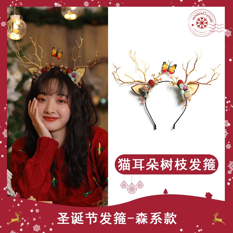 Bandeau branche de noël girafe, épingle à cheveux Halloween, Style Mori, bois, accessoires pour cheveux, serre-tête oreilles de chat: WHITE