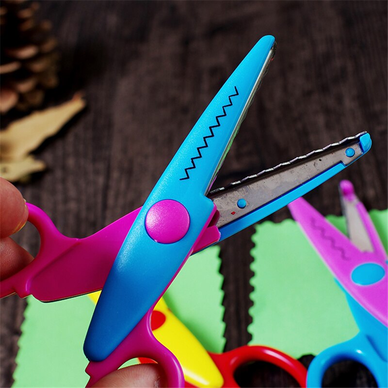 1pcs Scissors Metal and Plastic Diy Scrapbooking Photo Colors Scissors Paper Lace Diary 6 Patterns Stationery