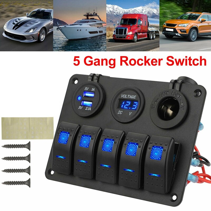 Panel de interruptor de palanca de 5 entradas, 12V, 2 USB, compatible con coche, barco, caravana, camión