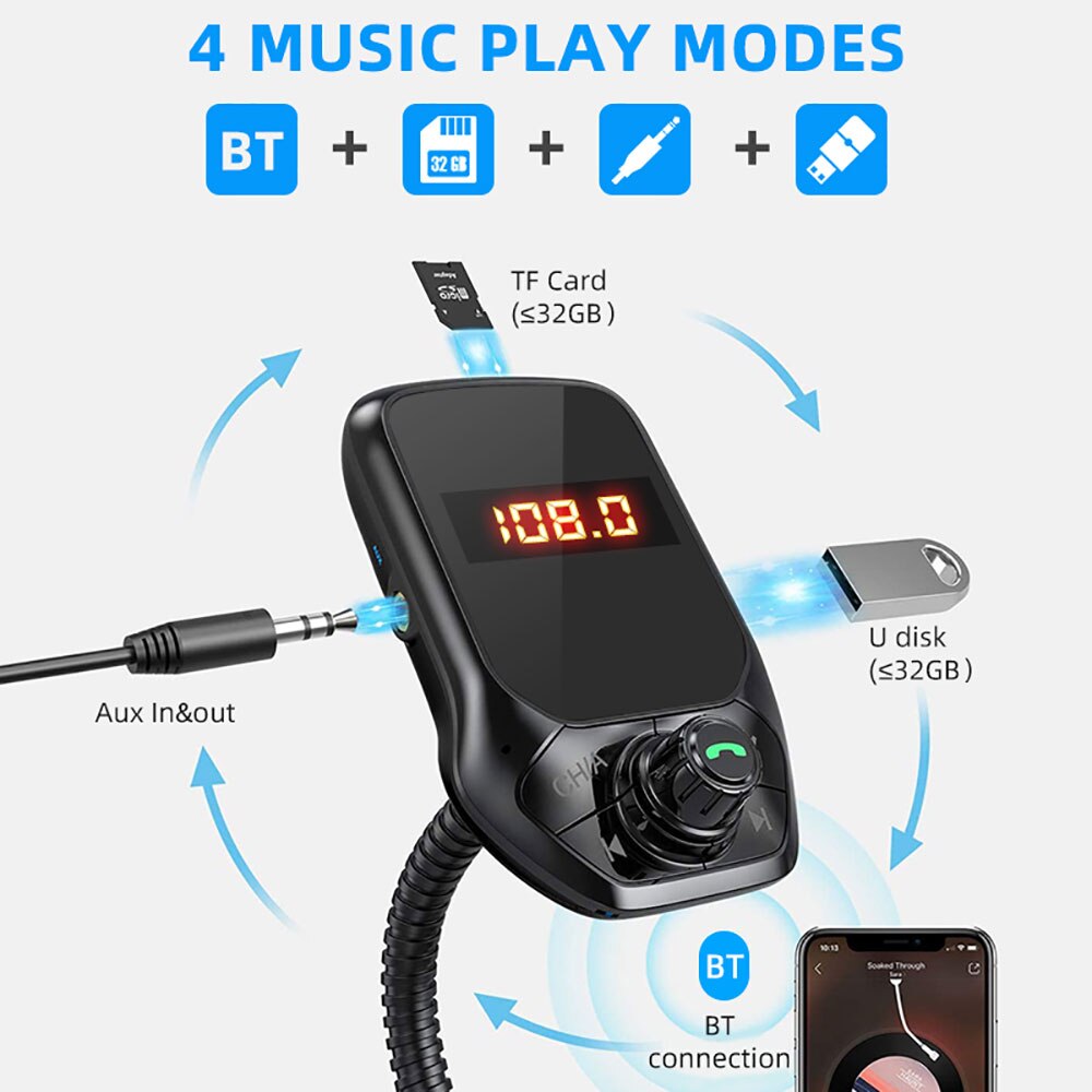 Bluetooth Car FM Transmitter MP3 Player Hands-free Calling Wireless Radio Adapter Kit with 3 USB Ports USB Charger TF Card Aux