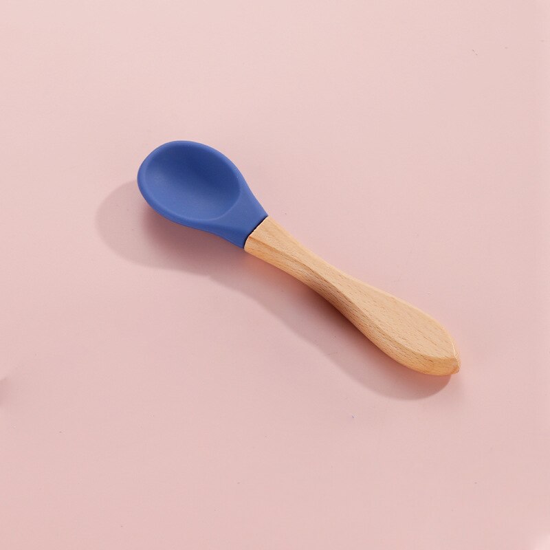 Feeding Wooden Handle Silicone Spoon For Baby Utensils Eat Soild Food Kids Training Manipulative Ability Children's Tableware: Deep blue