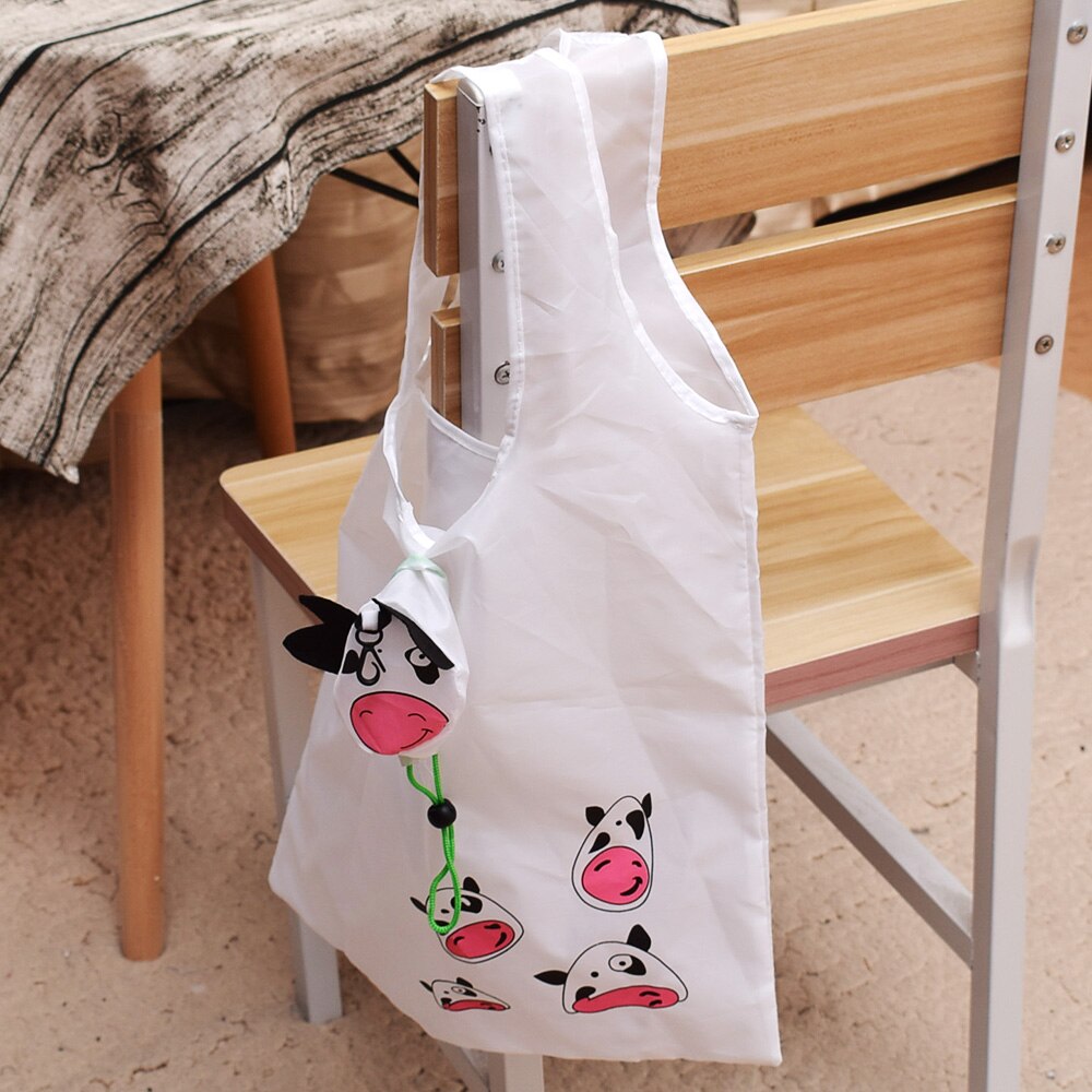 1 Pc Milk Cow Animal Shaped shopping bag Eco-friendly folding reusable Portable Shoulder handle Bag Polyester for Travel Grocery