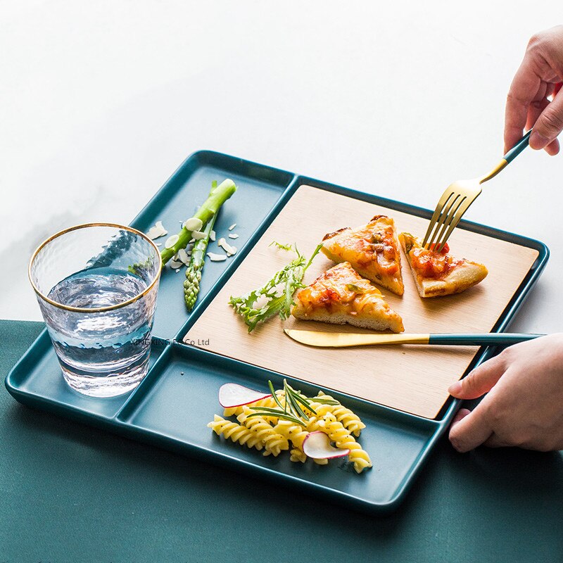 Ceramic Western Plate Grid Plate Household Square Tableware Snack Platter Bamboo Wood Western Steak Plate
