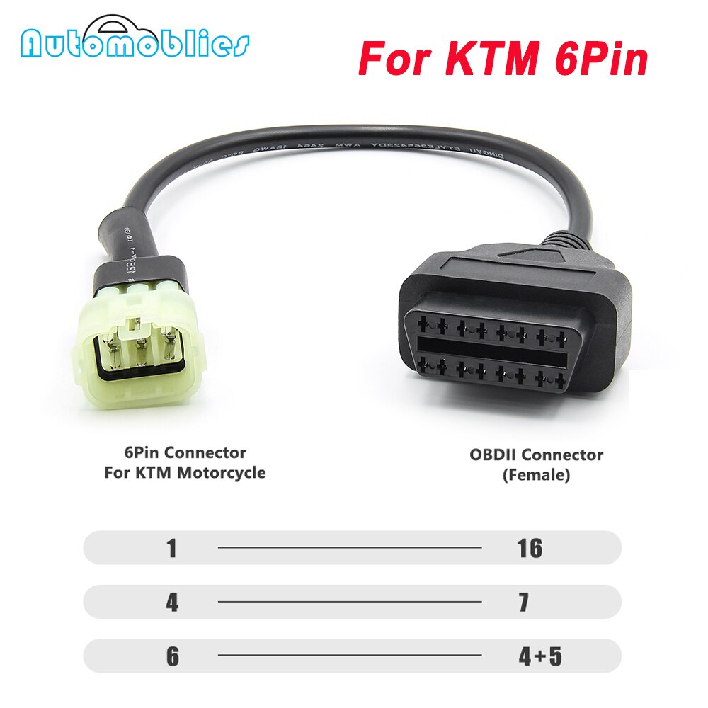 Conector para motocicleta KTM OBD2, adaptador de 6 pines a 16 pines para herramientas de diagnóstico OBD2, Cable de extensión para Moto OBD 2