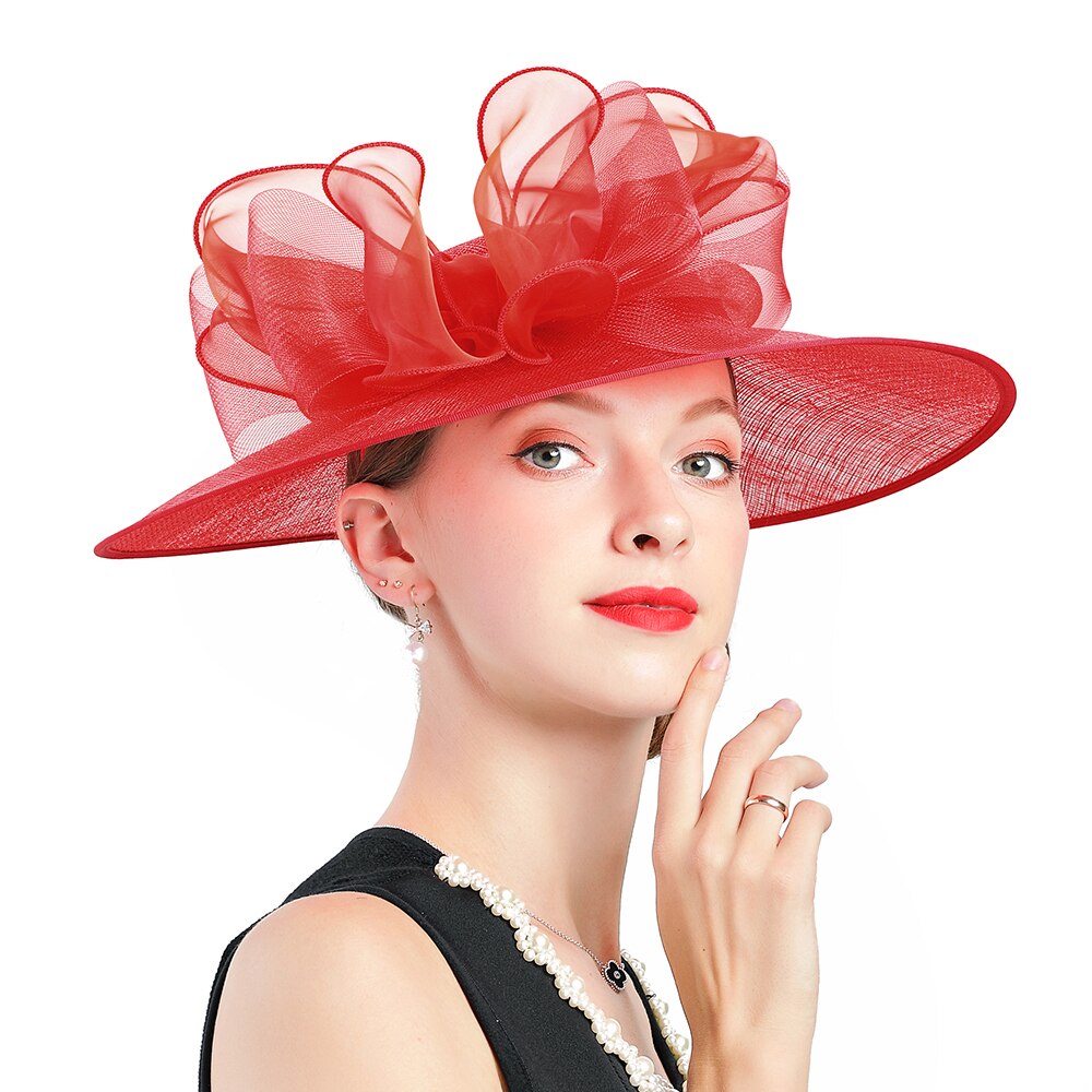 Bredskygget hat kvinder fedoras linned rød bund hatte fascinator sommer kasket blomsterdekoration udendørs dame hatte