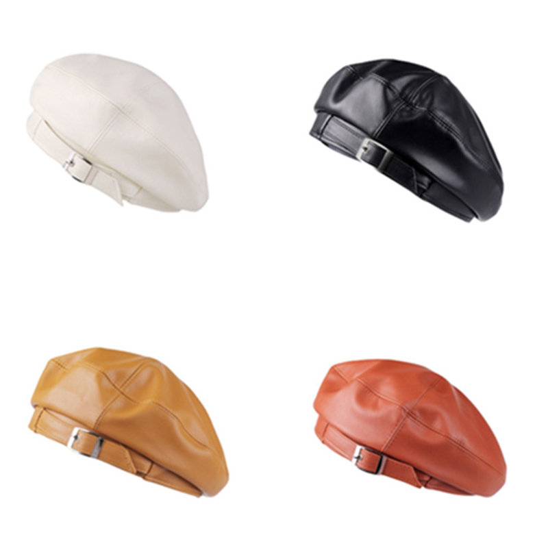 2021Women Girl belt Beret Artist Warm Wool Winter Beanie Hat Cap Vintage Plain Beret Hats Solid Color Lady leather Caps