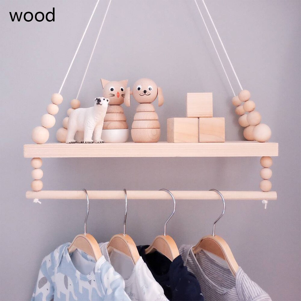 Estante de pared de madera con borlas y cuentas de colores nórdicos para niños, decoración de guardería, almacenamiento artesanal, decoración de hogar para colgar en la pared: A-Wood