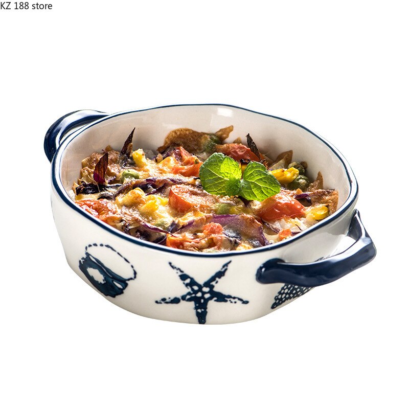 Nordic Ocean Style Ceramic Plates Set Baking Pan Household Dishes Binaural Square Round Cheese Baked Rice Bowl Retro