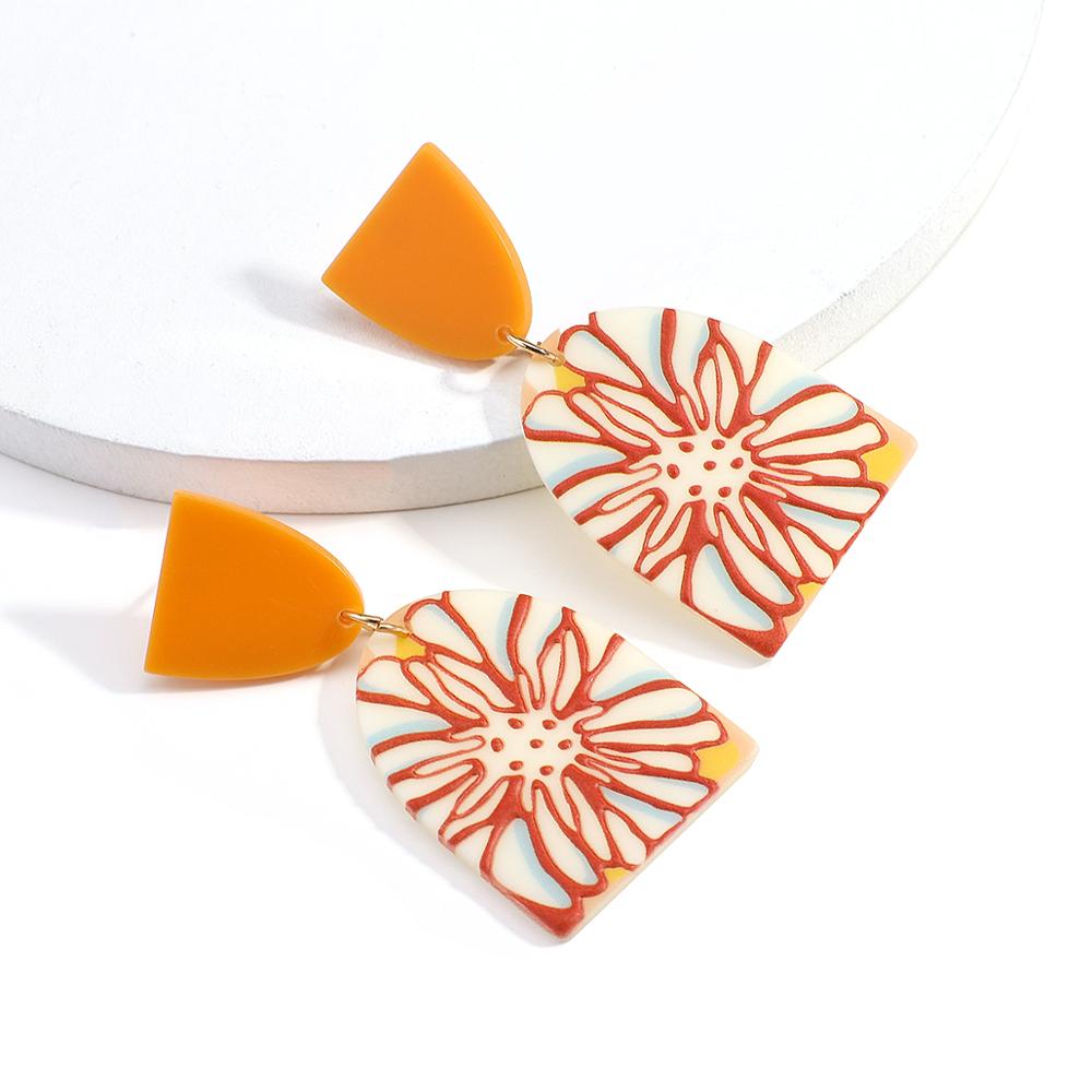 AMORCOME Cute Orange Geometric Acrylic Earrings 3D Effect Colorful Printed Flower Simulated Polymer Clay Earrings Daily Jewelry