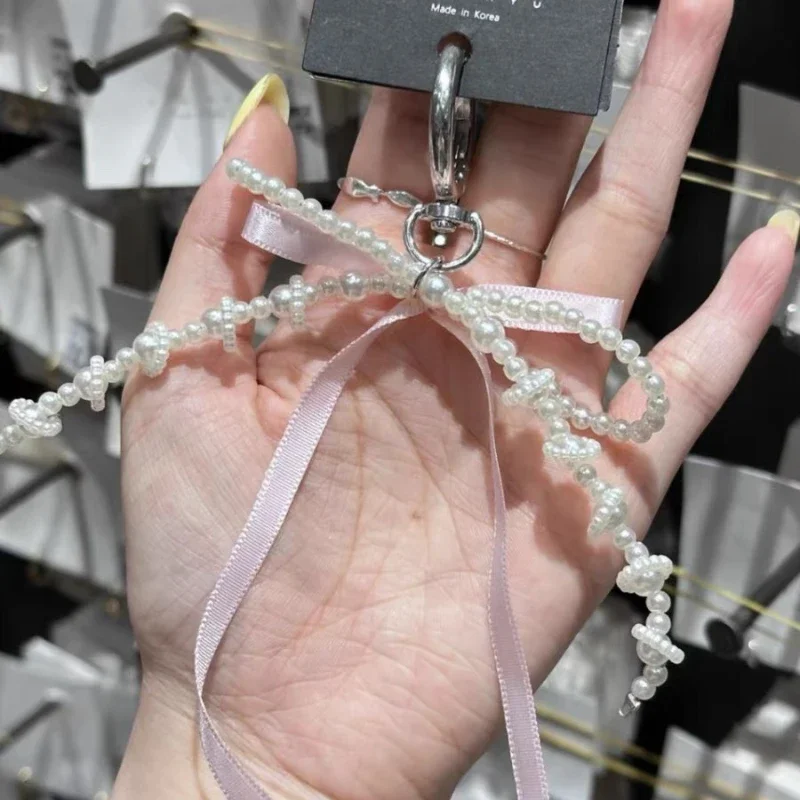 Colgante con dije para teléfono Y2K, bonito llavero Kawaii con lazo rosa, bolso, correa para teléfono, llavero con cordón para teléfono móvil para niña, joyería de cumpleaños DIY