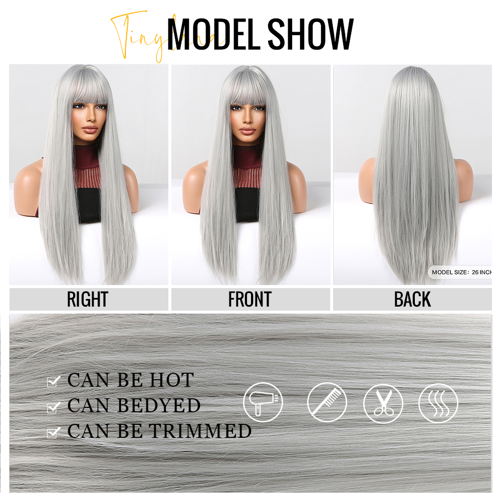 Pelucas sintéticas largas y rectas de color gris ceniza plateada, Cosplay de Lolita, pelo Natural con flequillo para mujeres blancas, diaria, resistente al calor