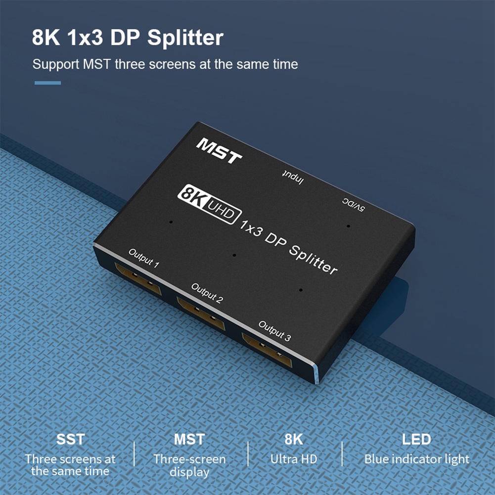 Displayport 8K 1X3 Dp Splitter 8K60Hz 4K120Hzz Mst Sst Hub Multi Monitor Splitter Met Extended Display En Spiegel Modus