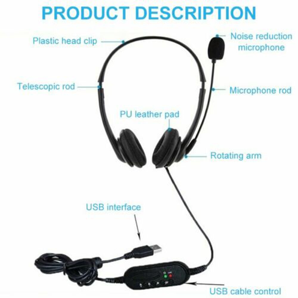 Wired Headphone USB Headset HD Lossless Sound Earphone Adjustable with Microphone for Computer PC Laptop Noise Cancelling ABS