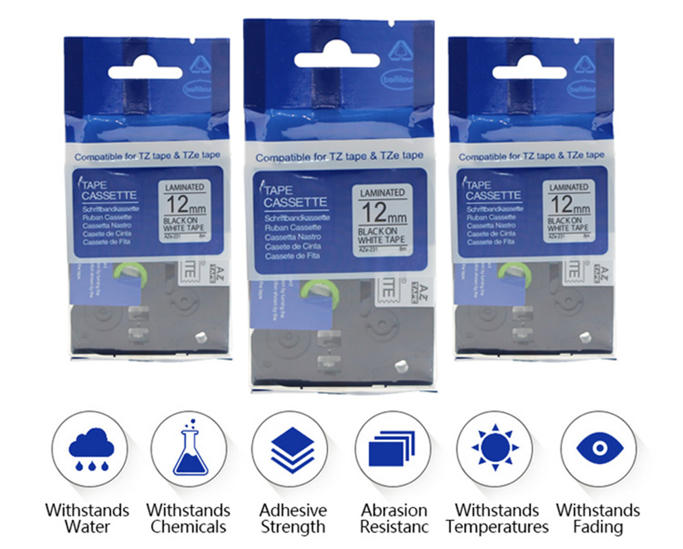 Oozmas 3 stücke tze 231 kompatibel für Brother ptouch tze231 12mm etiketten bänder schwarz auf weiß drucker band wasser beständig