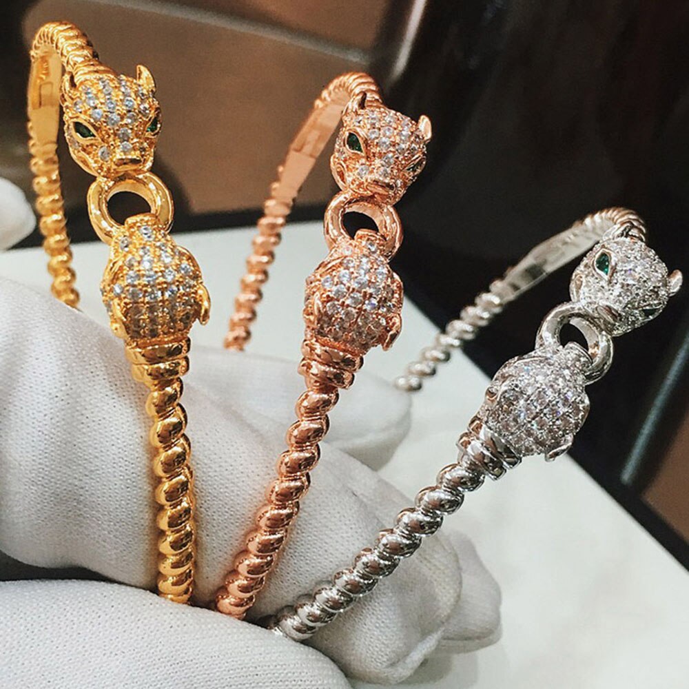 FXM Women's Bracelet - Cubic Zirconia Cheetah - Gold, Rose Gold, Silver Plated - Trendy Animal Design