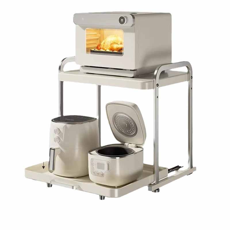 Stainless Steel Kitchen Microwave Stand - Pull-Out Oven & Air Fryer Organizer Rack, Space-Saving Countertop Shelf for Rice Cooke