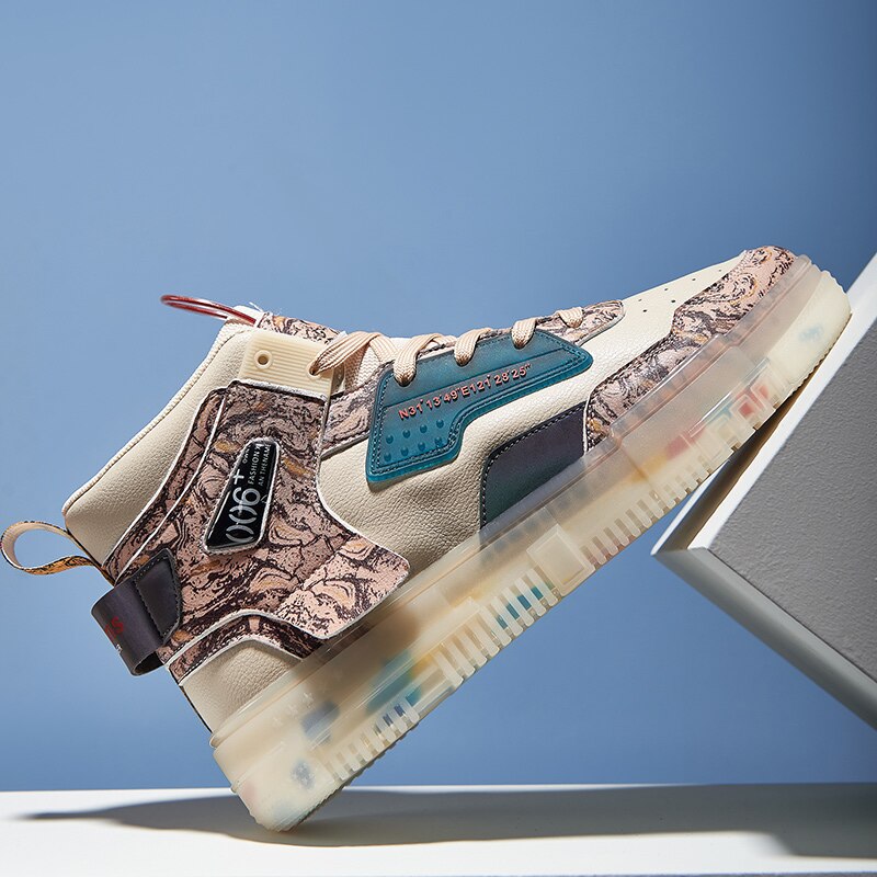 Waterproof Sports Shoes Men High-top Graffiti SkateBoard Shoes Platform Sneakers Man Leather Men&#39;s Walking Shoes Zapatos Hombre: beige / 6.5