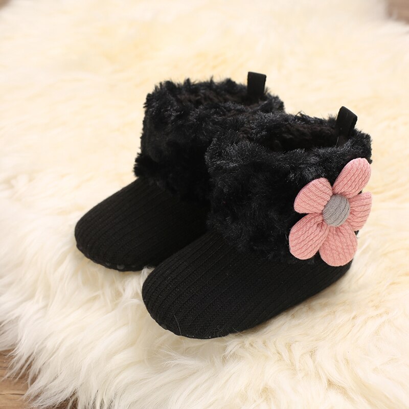 Kleine Baby Snowboots Zachte Faux Fur Knit Bloem Booties Anti-Slip Baby Prewalkers