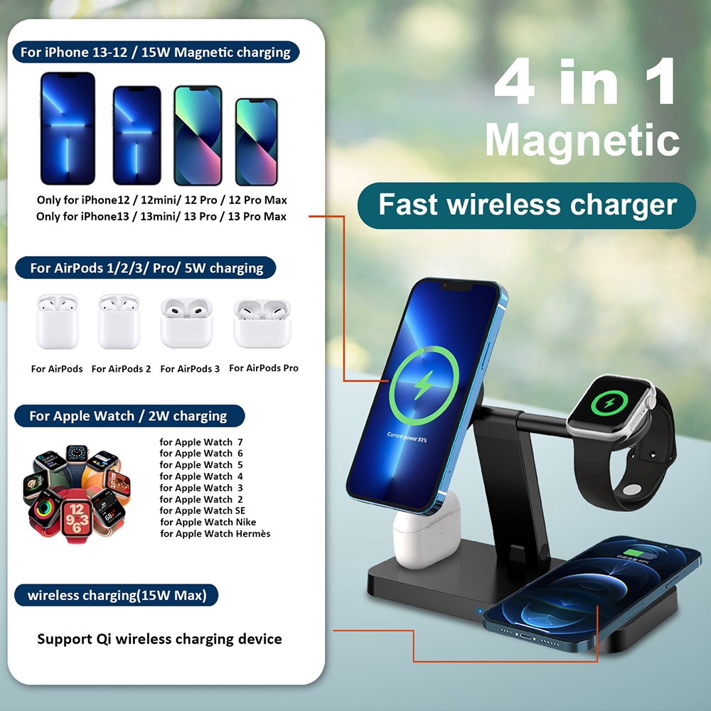 4 in 1 Magnetic Wireless Charger 15W Qi Fast Charging Stand for iPhone 13 12 Pro Max Mini 11 X 8 Apple Watch 7 6 5 SE Airpods 3