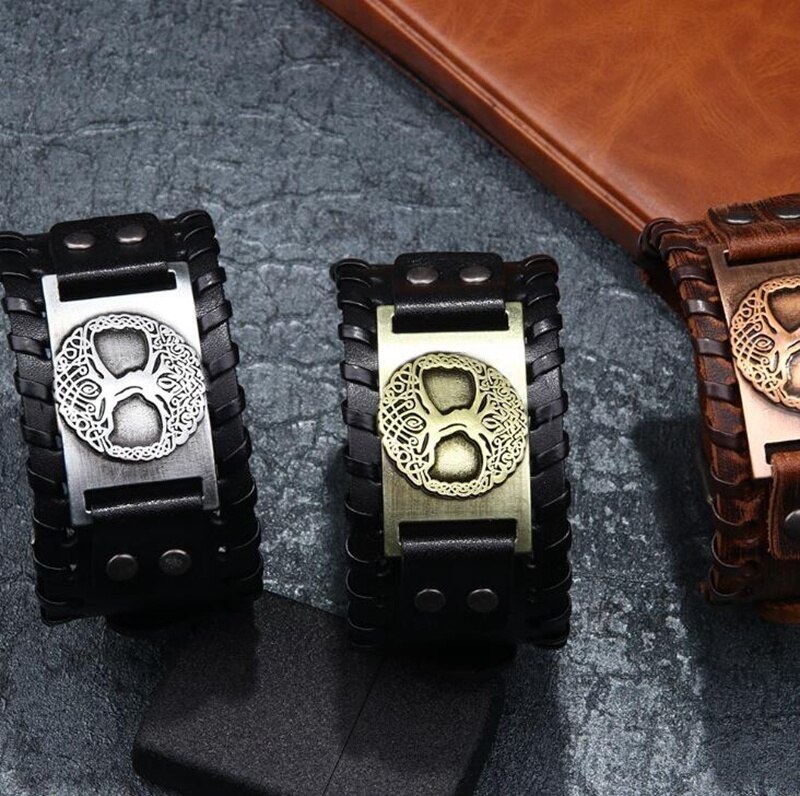 Boom Van Het Leven Metalen Bedelarmband Brede Gevlochten Lederen Vintage Armbanden Voor Mannen Sieraden