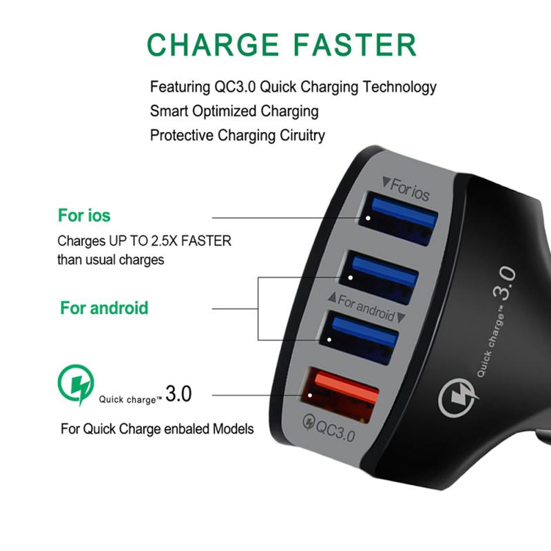 QC3.0 Autolader Auto Accessoires 4 Poorten Snelle Lader Usb Autolader Auto Usb Socket Adapter 12V 30W