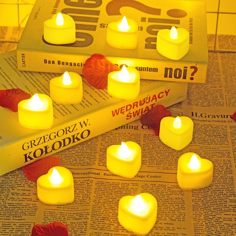 Velas LED con forma de corazón, vela eléctrica con purpurina, funciona con pilas, 6 piezas