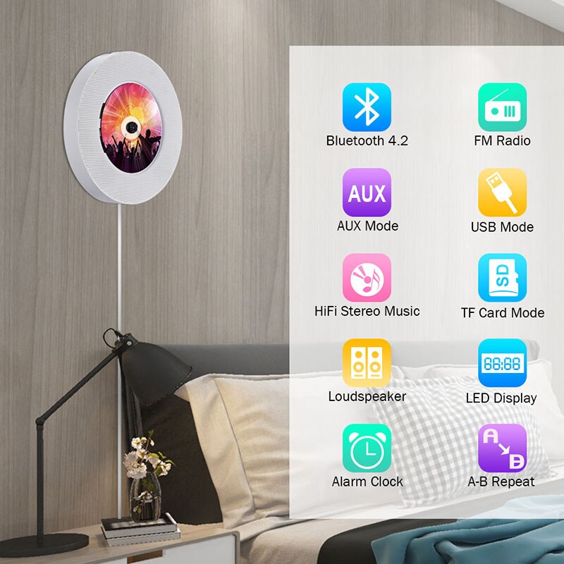 Portable Wall Mountable Bluetooth CD Player USB Drive LED Display HiFi Speaker o with Remote Control FM Radio Built-In(EU Pl