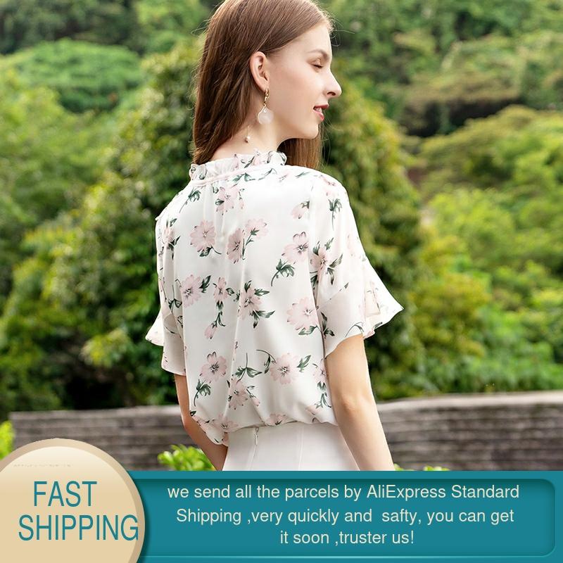 Garemay blommig blus med blommor tryck koreansk flare ärm chiffong volang vit kvinnor sommar toppar och blus chemisier femme