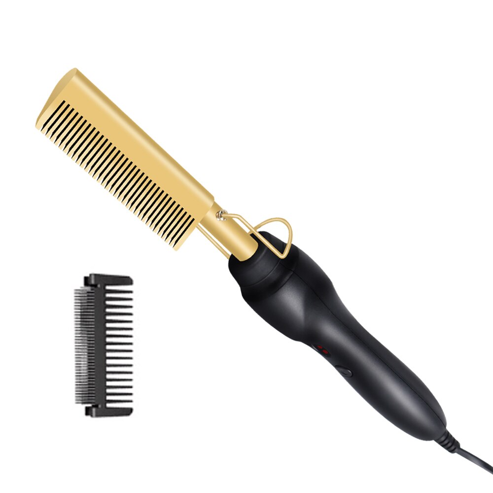 2 en 1 peigne chauffant noir défriser les cheveux multifonctionnel électrique fers plats lisseur brosse peigne cheveux humides et secs: GOLD / LES USA