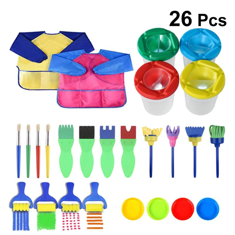 1Set 26Pcs Kinderen Schilderen Tool Kit Spons Borstel Kwast Schort Kleuterschool Kunst Klasse Accessoires: Default Title