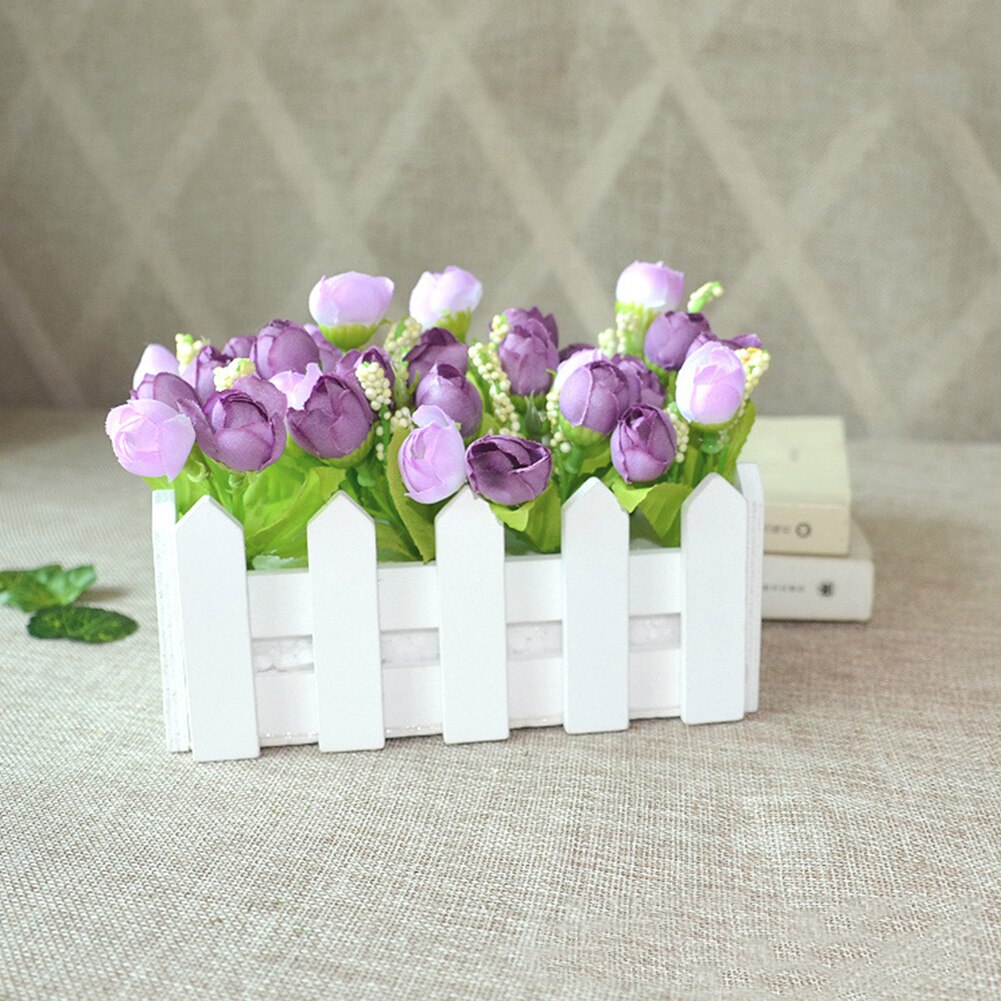 1 Set Wooden Fence Vase + Flower Rose And Daisys Silk Artificial Flowers Home Decoration Garden Decor Birthday