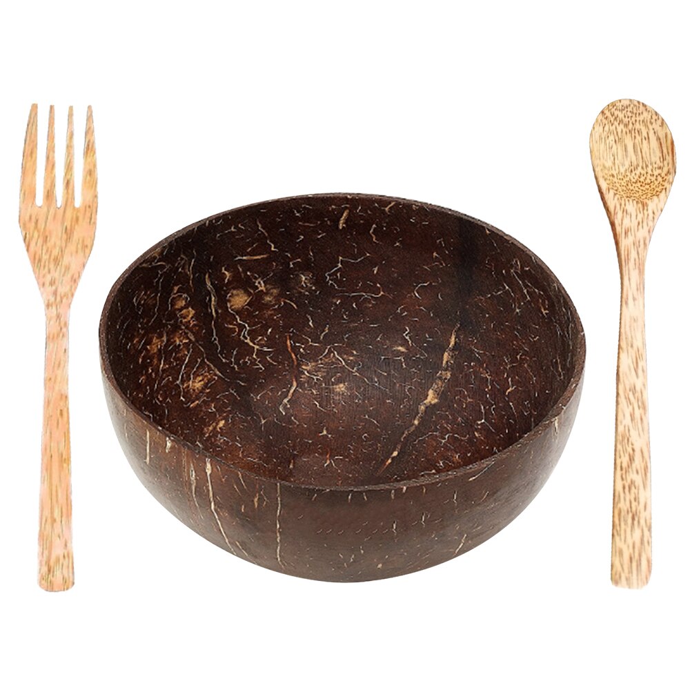 Cuenco de Coco, cuencos de madera, arroz, fideos, sopa, fruta, ensaladera, suministros de cocina, adornos para manualidades, Bol de Coco, cuenco de madera: 1Spoon 1fork 1bowl