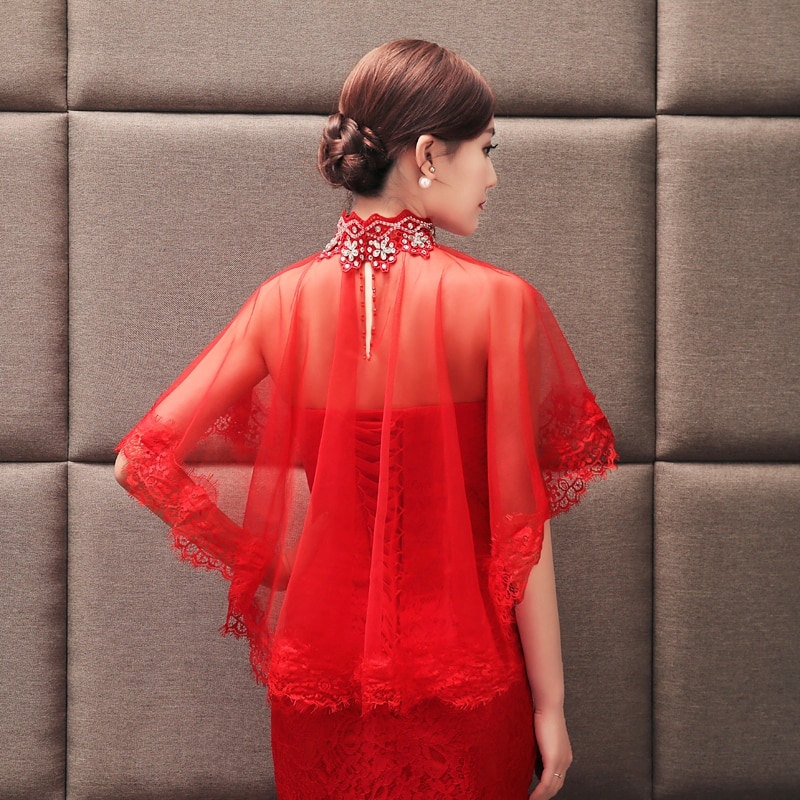 Wedding Cape Bridal Shawl White Red Tulle Crystal Lace Bolero For Women Long Cape Cloak Shawl Shrug Chaquetas De Fiesta Mujer