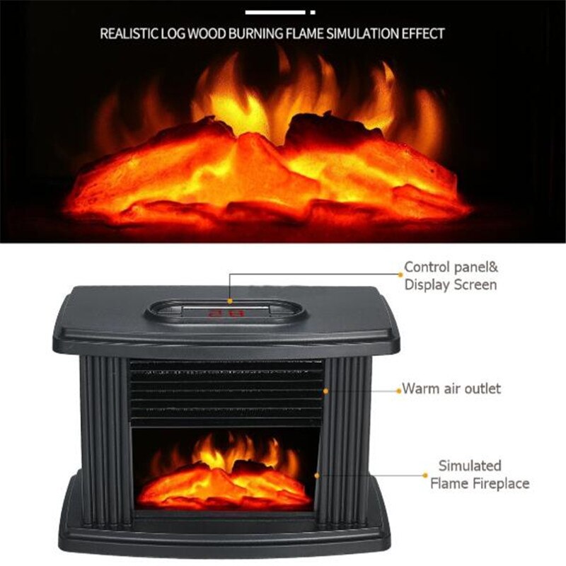 1000W Desktop Mini Electric Fireplace Heater with Log Flame Effect Warm Air Heater Fan Desk Table Heating for Winter Smart Home