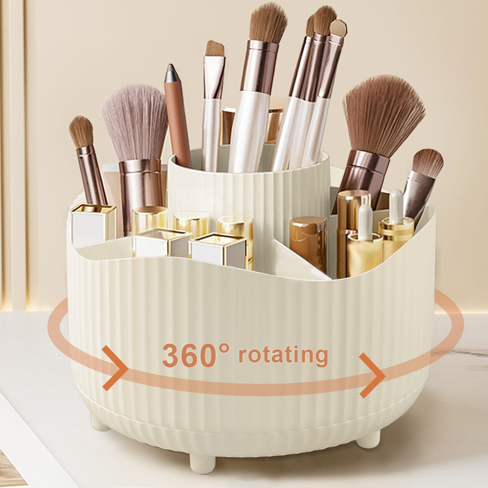 360° Rotating Makeup Organizer Makeup Holder Cosmetic Storage with 5 Compartments Multi-Functional Holder for Brushes Pen: Ivory