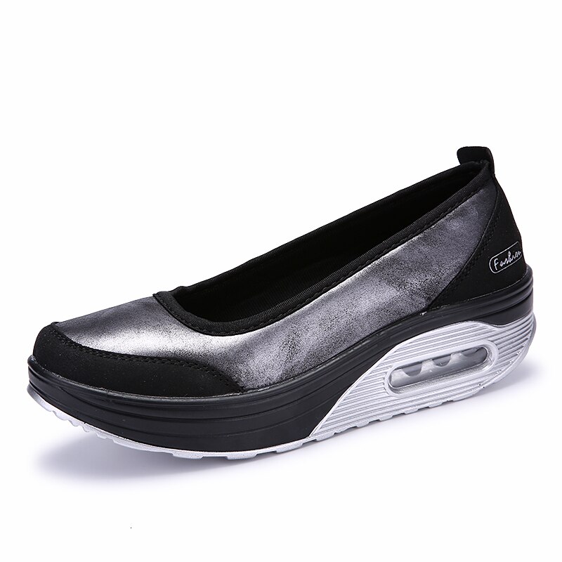 Damskie buty odchudzające kobieta Fitness buty wysokość zwiększenie Casual klinowe buty na podeszwie Slip On Swing Sneakers: silver wedge shoes / 8.5