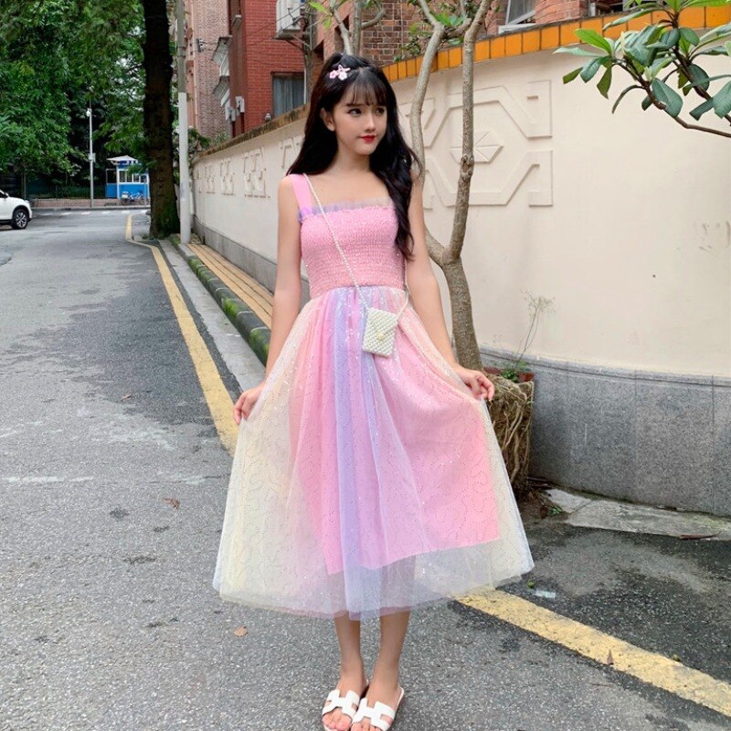 Sommer koreansk udødelig regnbuefarvet højtaljet slankende fekjole teselskab lolita kjole sød lolita dukke