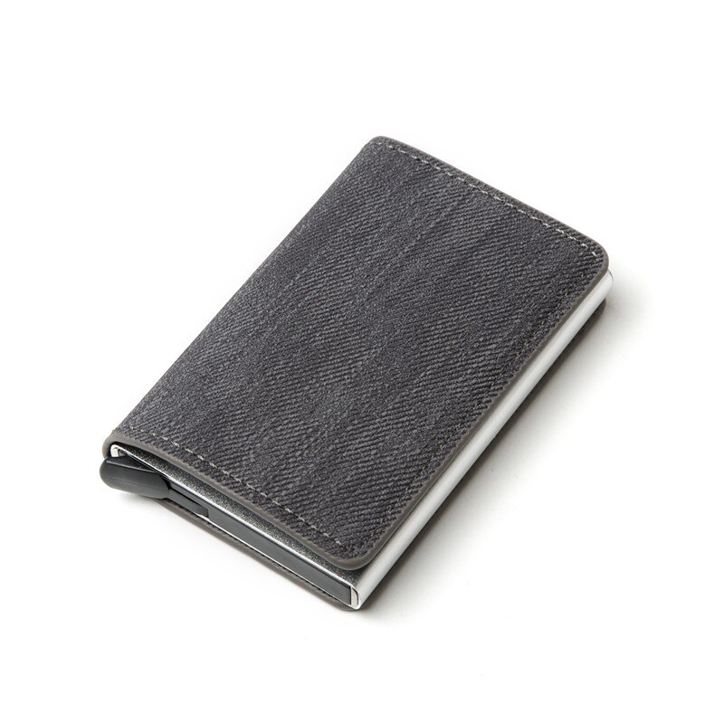 Zovyvol Anti-Diefstal Clutch Enkele Doos Mannen Vrouwen Portemonnee Rfid Blocking Kaarthouder Denim Business Pop-up Metalen Id Case: YM003 Gray