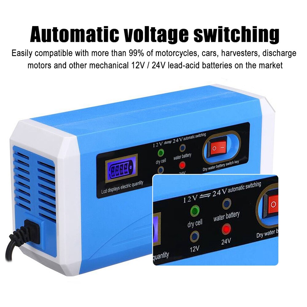 12V/24V 10A LCD Smart Fast Car Battery Charger for Auto Motorcycle Lead-Acid AGM GEL Batteries Intelligent Charging Units