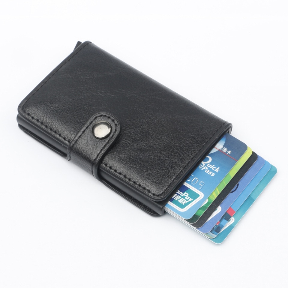 Hasp Men Credit Card Holder RFID Blocking PU Leather Automatic Business ID Card Holder Aluminum Metal Wallet Purse for Cards