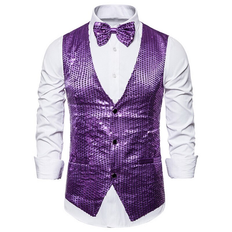 Oeak mænd pailletter blazere vest luksus skinnende jakkesæt vest mænd nattøj scenetøj afslappet mandlig glitter vest: Lilla / Xxl