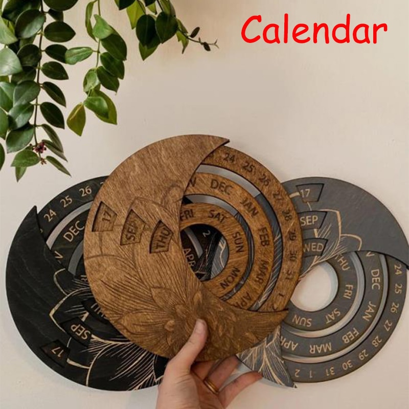 Wooden Calendar Round Perpetual Calendar Study Desk Calendar Handicraft Decoration Wooden Crafts Christmas Home Decor Xmas