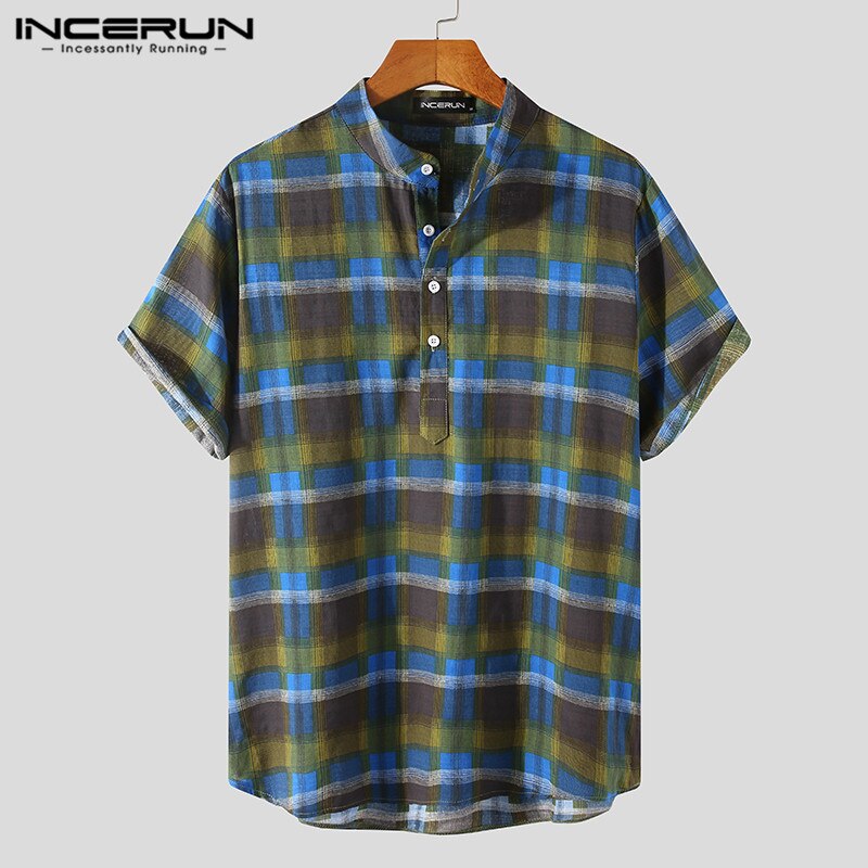 Chemisier en coton à boutons pour homme, Vintage, manches courtes, col montant, décontracté, ample, été , S-3XL