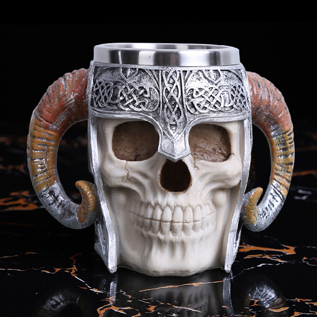 Stainless Steel Skull Mug Viking Ram Horned Skull Resin Beer Coffee Mug Travel Cup Tea Cup Drinkware Pub Bar Decor