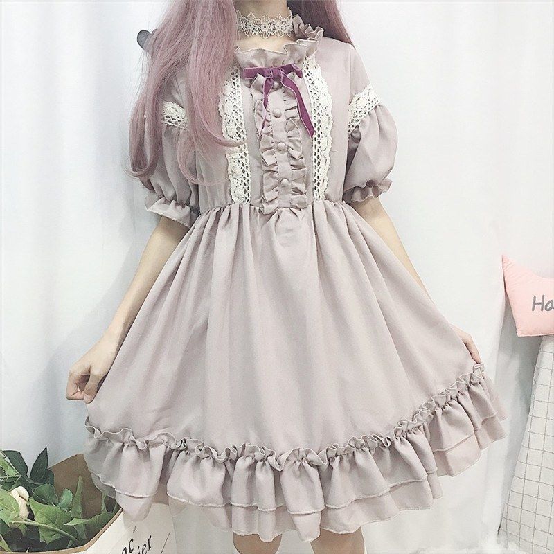 Moda feminina doce lolita lolita roupas kawaii vestido bonito estilo japonês lolita plissado vestido vintage manga sopro doce lavanda