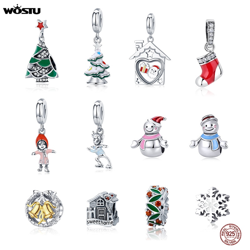 WOSTU 925 Sterling Silver Perline Albero Di Natale Babbo natale Pupazzo di Neve Fiocco di Neve di Fascino Fit Bracciale Originale Del Pendente Dei Monili del Regalo