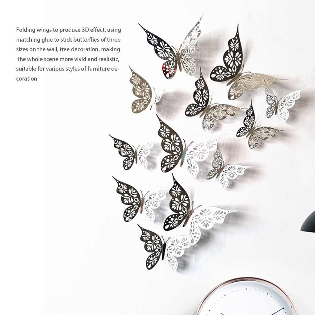 12Pcs/Set Golden 3D Hollow Out Paper Butterfly Wall Sticker Party Shopping Window Home Decor For Kids Room Sticker Mural