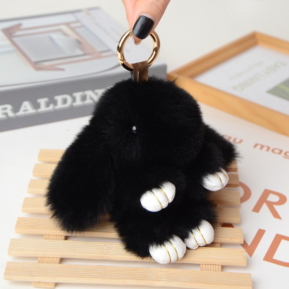 Ryggsekk anheng fluffy kaninpels pompong kanin nøkkelring myk søt kanin nøkkelring kunstig kanin jenteveske nøkkelring: Sølv