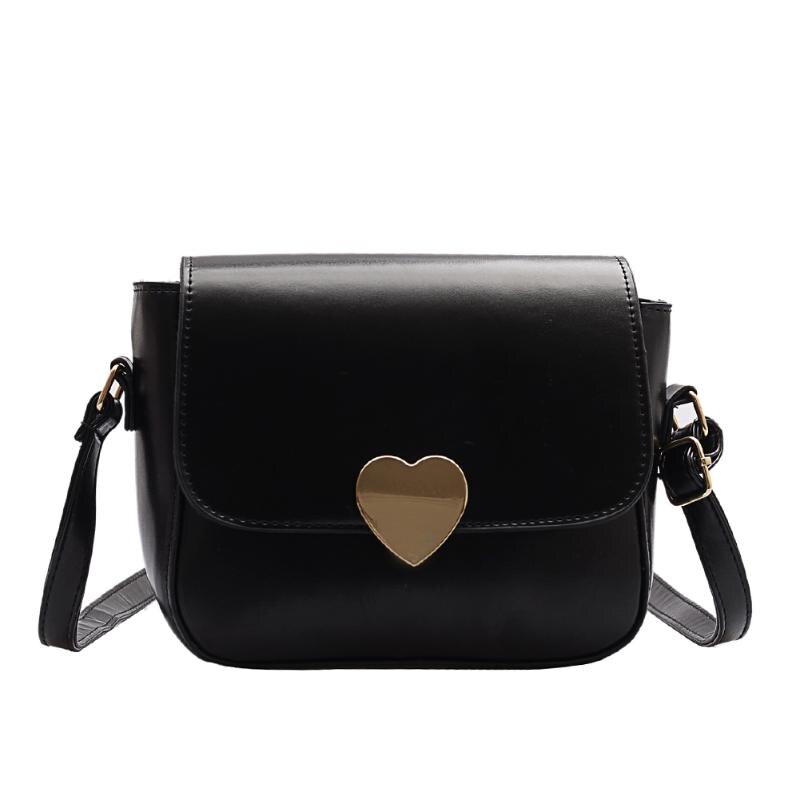 Moda de couro do plutônio ombro saco do mensageiro das mulheres cor sólida crossbody satchel sacos retro metal amor fivela pequenas bolsas: Black