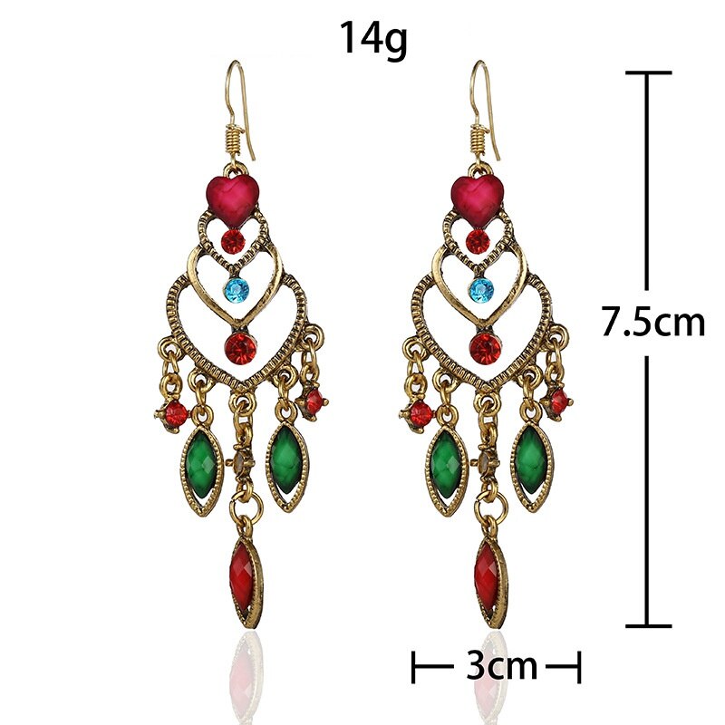 Vintage Women's Green Crystal Beads Tassel Earrings Bollywood Bohemia Geometry Gold Alloy Wedding Earrings Hangers